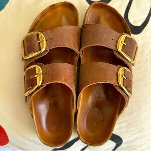 Brown Arizona Birkenstock Sandals with Gold Buckle
